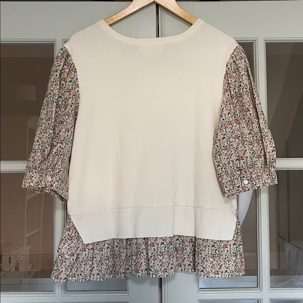 Anthropologie Layered Poplin-Sleeve Sweater | Size XL | Ivory, with Pink & Green - Picture 4 of 7